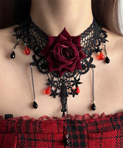 Stylish Red Lace Rose Necklace And Chain Bracelet Tassel Two-Piece Set Princess Necklace