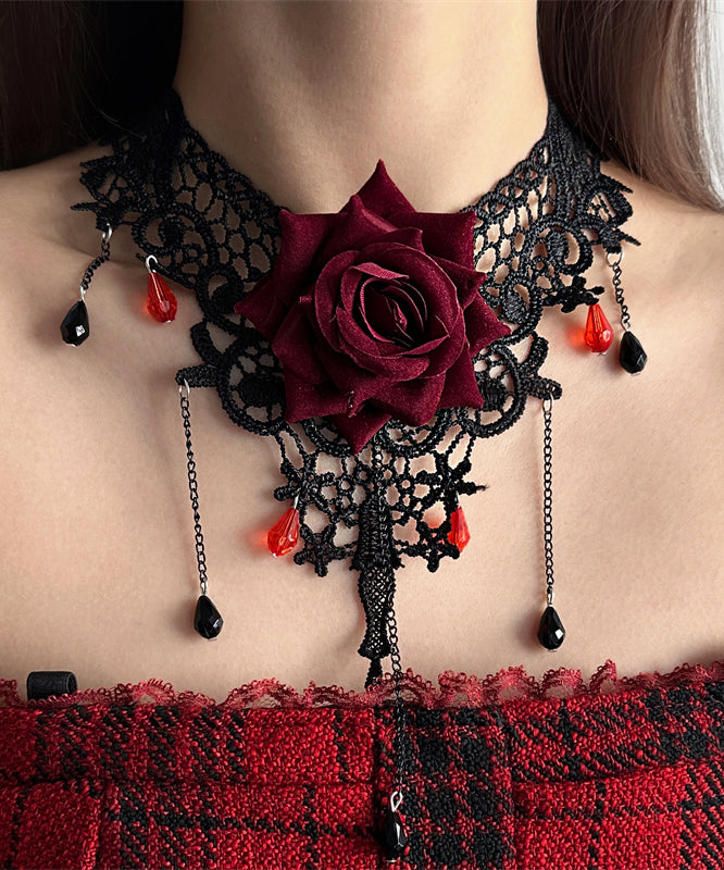 Stylish Red Lace Rose Necklace And Chain Bracelet Tassel Two-Piece Set Princess Necklace
