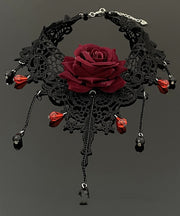 Stylish Red Lace Rose Necklace And Chain Bracelet Tassel Two-Piece Set Princess Necklace