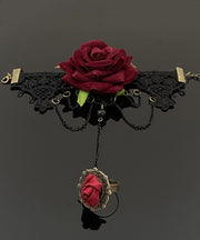 Stylish Red Lace Rose Necklace And Chain Bracelet Tassel Two-Piece Set Princess Necklace