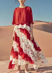 Stylish Red O-Neck Ruffled Patchwork Cotton Dress Summer