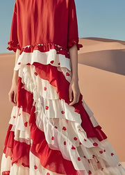Stylish Red O-Neck Ruffled Patchwork Cotton Dress Summer