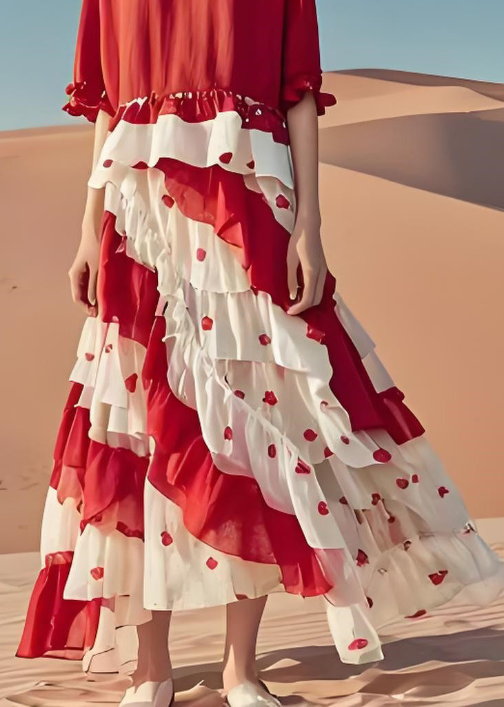 Stylish Red O-Neck Ruffled Patchwork Cotton Dress Summer