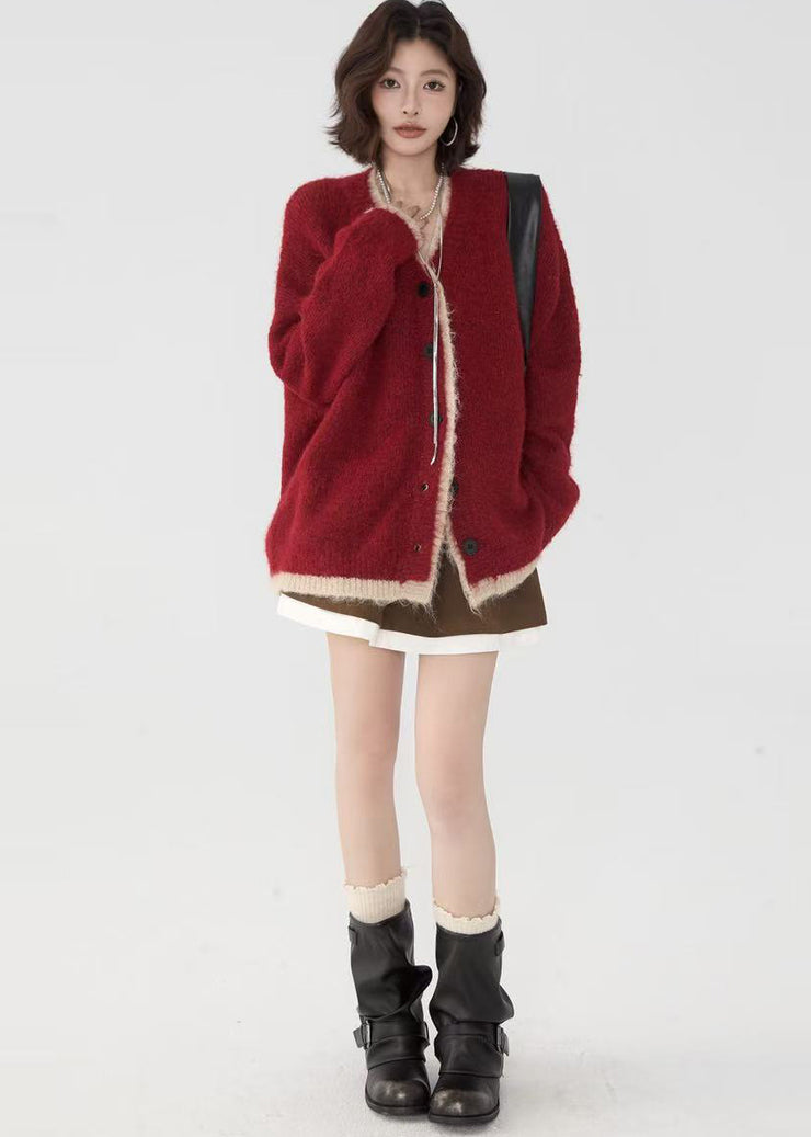 Stylish Red Oversized Patchwork Knit Fake Two Piece Cardigans Winter