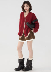 Stylish Red Oversized Patchwork Knit Fake Two Piece Cardigans Winter