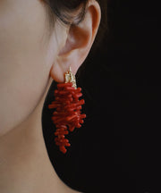 Stylish Red Sterling Silver Overgild Bamboo Drop Earrings