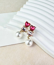 Stylish Red Sterling Silver Zircon Love Crystal Pearl Drop Earrings