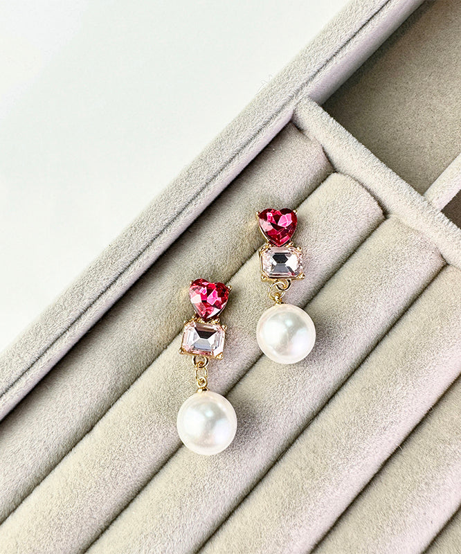 Stylish Red Sterling Silver Zircon Love Crystal Pearl Drop Earrings