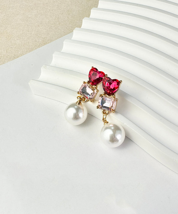 Stylish Red Sterling Silver Zircon Love Crystal Pearl Drop Earrings