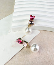 Stylish Red Sterling Silver Zircon Love Crystal Pearl Drop Earrings