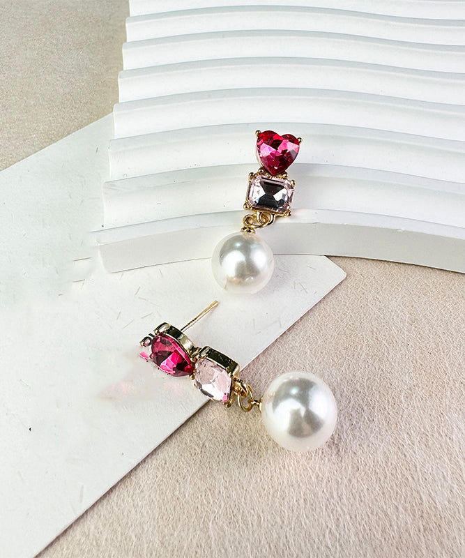 Stylish Red Sterling Silver Zircon Love Crystal Pearl Drop Earrings