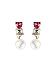 Stylish Red Sterling Silver Zircon Love Crystal Pearl Drop Earrings