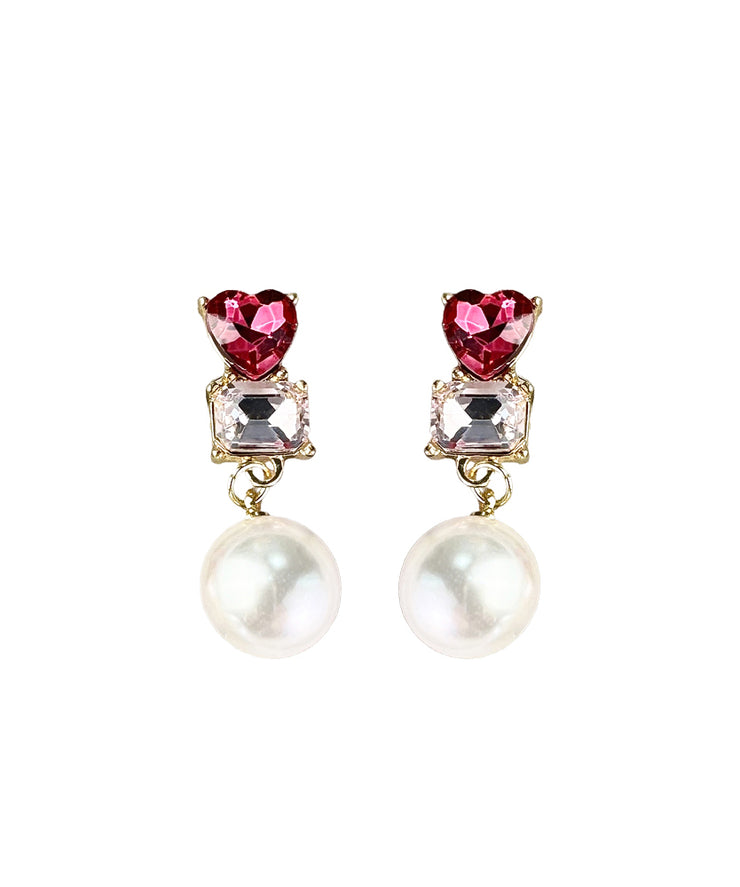 Stylish Red Sterling Silver Zircon Love Crystal Pearl Drop Earrings
