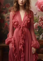 Stylish Red V Neck Ruffled Lace Up Silk Long Dresses Fall