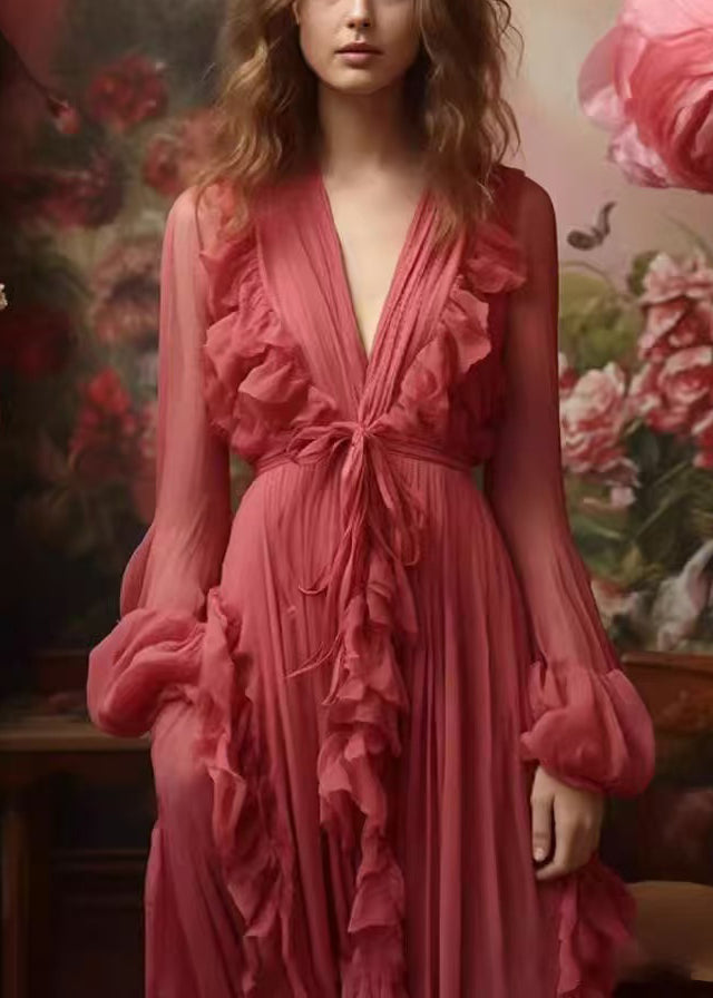 Stylish Red V Neck Ruffled Lace Up Silk Long Dresses Fall