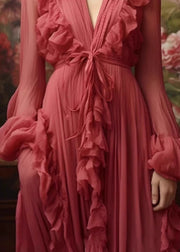 Stylish Red V Neck Ruffled Lace Up Silk Long Dresses Fall