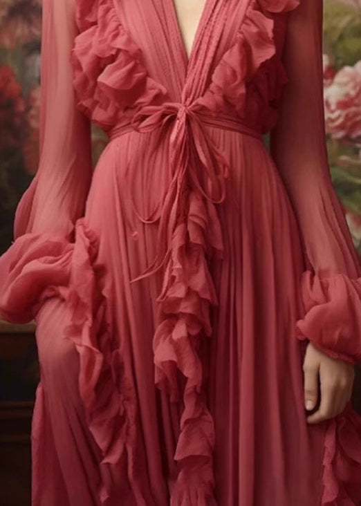 Stylish Red V Neck Ruffled Lace Up Silk Long Dresses Fall