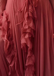 Stylish Red V Neck Ruffled Lace Up Silk Long Dresses Fall