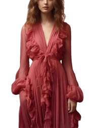 Stylish Red V Neck Ruffled Lace Up Silk Long Dresses Fall