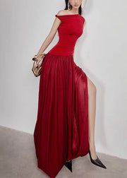 Stylish Red Wrinkled Hollow Out Cotton Long Dress Sleeveless