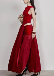 Stylish Red Wrinkled Hollow Out Cotton Long Dress Sleeveless