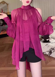 Stylish Rose Cold Shoulder Lace Up Chiffon Shirt Fall