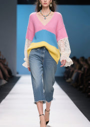 Stylish Rose Oversized Patchwork Lace Knit Pullover Fall
