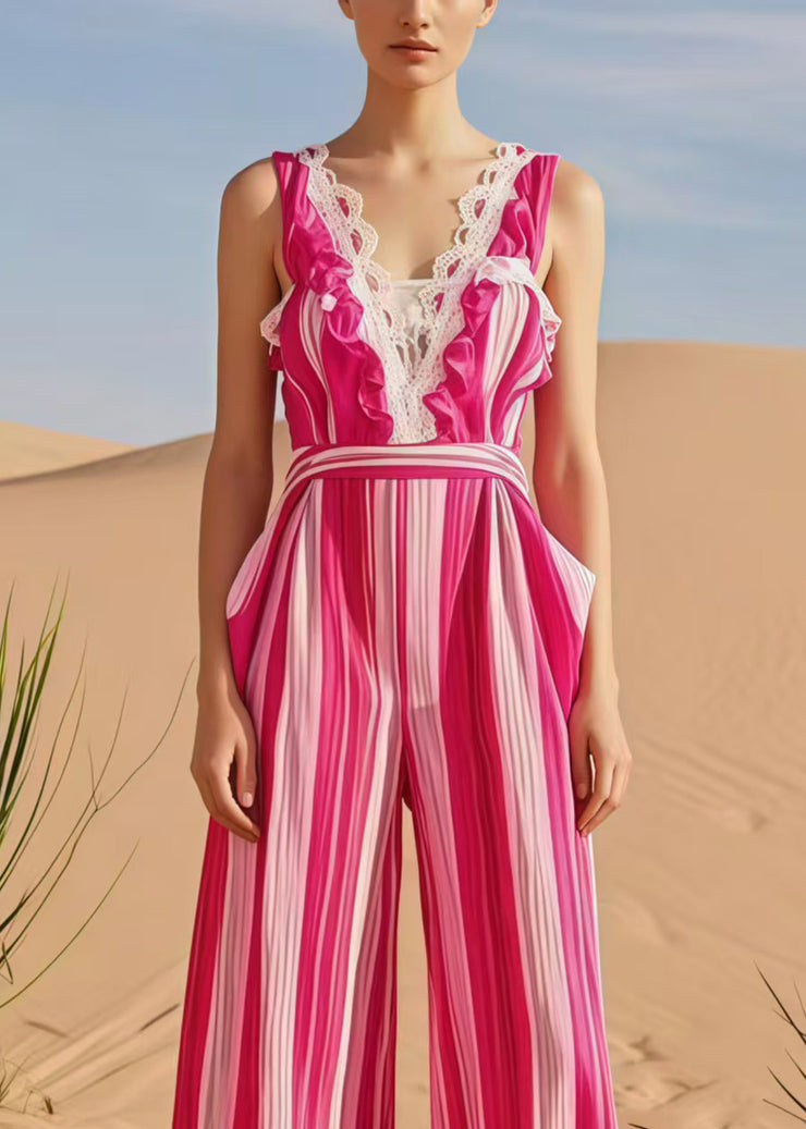 Stylish Rose Striped Ruffled Cotton Overalls Jumpsuit Summer