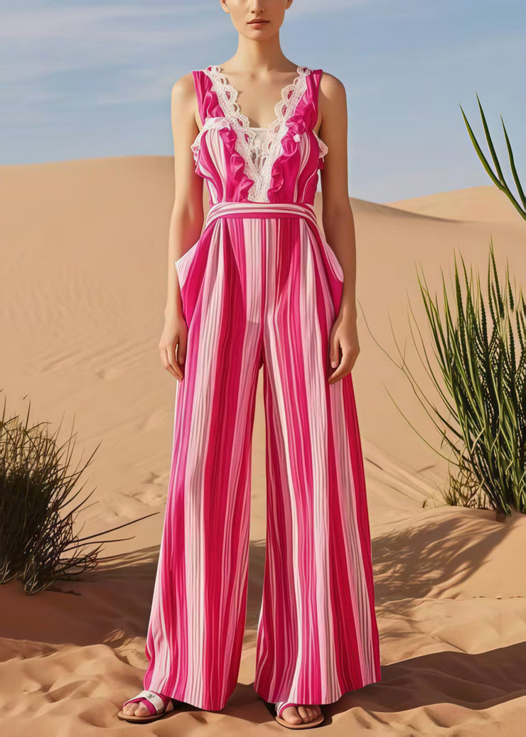 Stylish Rose Striped Ruffled Cotton Overalls Jumpsuit Summer