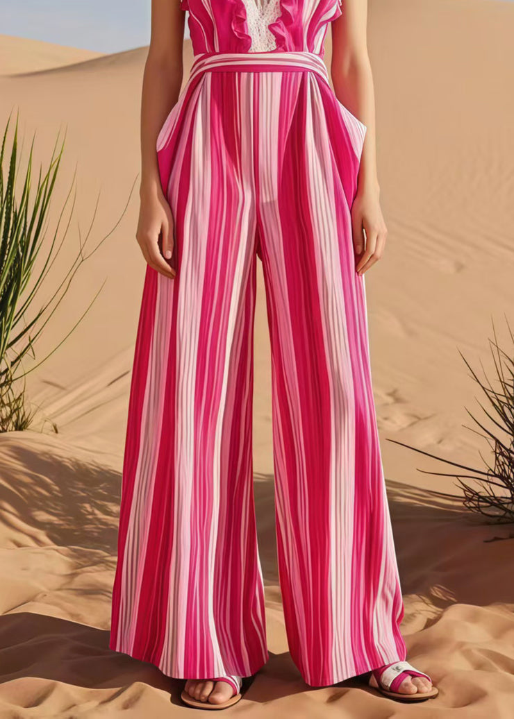 Stylish Rose Striped Ruffled Cotton Overalls Jumpsuit Summer