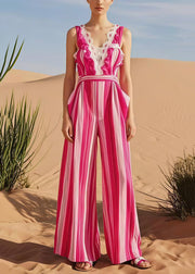 Stylish Rose Striped Ruffled Cotton Overalls Jumpsuit Summer