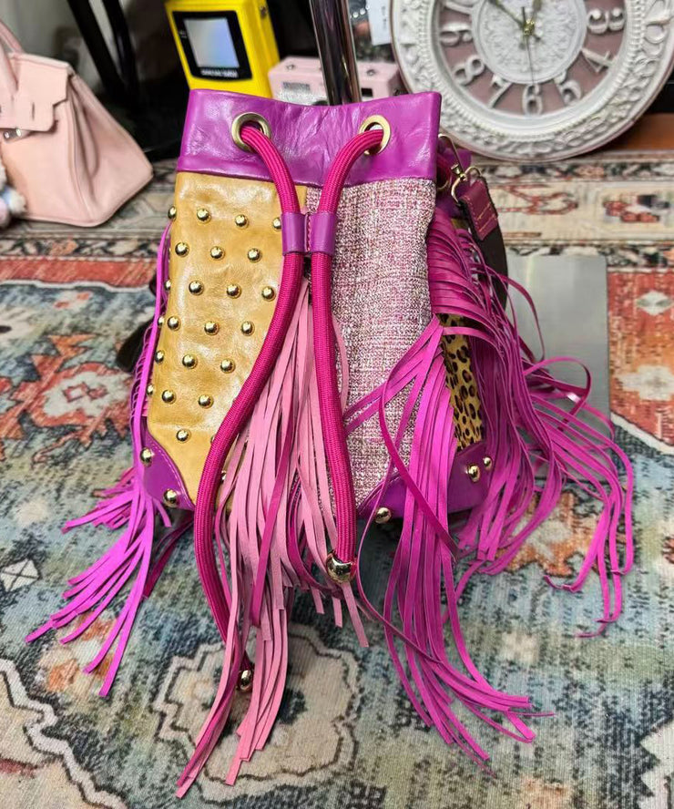 Stylish Rose Tassel Patchwork Rivet sheepskin Messenger Bag