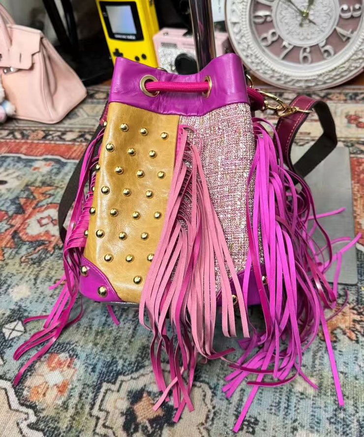 Stylish Rose Tassel Patchwork Rivet sheepskin Messenger Bag