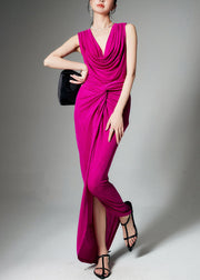 Stylish Rose Wrinkled Front Open Tops And Skirts Silk Two Pieces Set Sleeveless