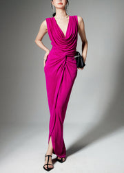 Stylish Rose Wrinkled Front Open Tops And Skirts Silk Two Pieces Set Sleeveless