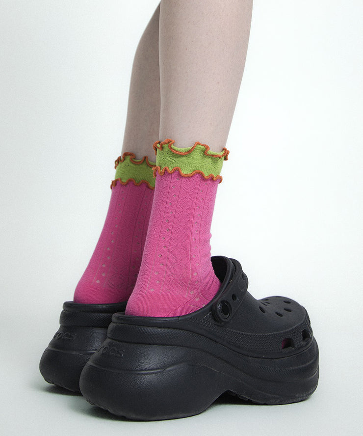 Stylish Ruffles Patchwork Hollow Out Cotton Mid Calf Socks