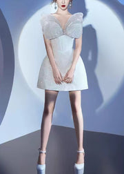 Stylish Silver Butterfly Sequins Tulle Patchwork Mid Dress Sleeveless