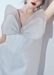 Stylish Silver Butterfly Sequins Tulle Patchwork Mid Dress Sleeveless