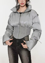 Stylish Silvery Drawstring Duck Down Puffer Jacket Winter