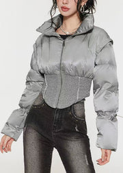 Stylish Silvery Drawstring Duck Down Puffer Jacket Winter