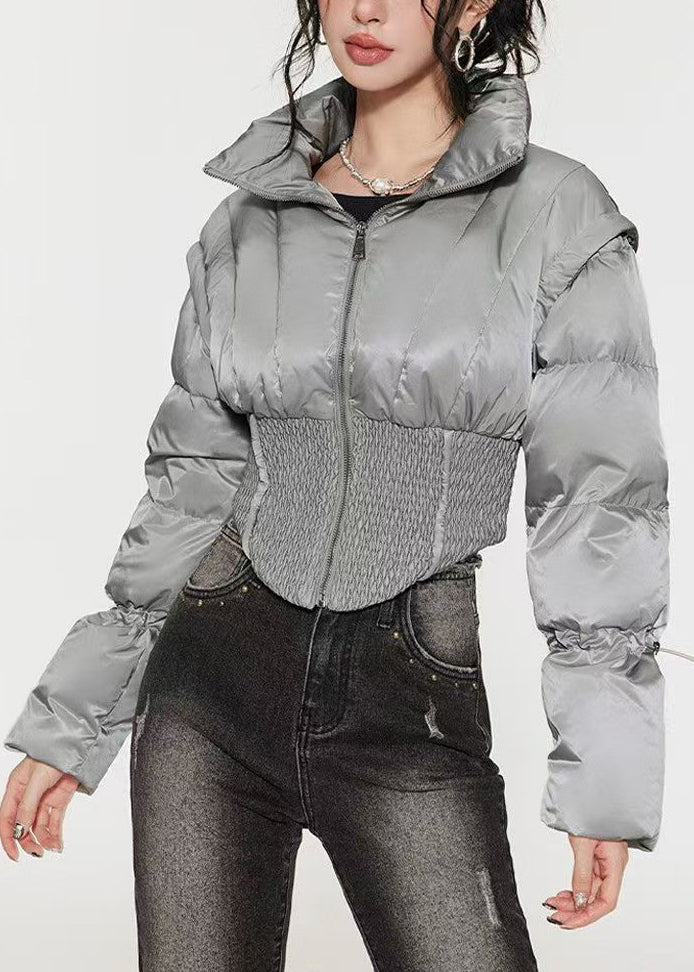 Stylish Silvery Drawstring Duck Down Puffer Jacket Winter
