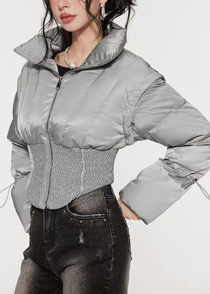 Stylish Silvery Drawstring Duck Down Puffer Jacket Winter