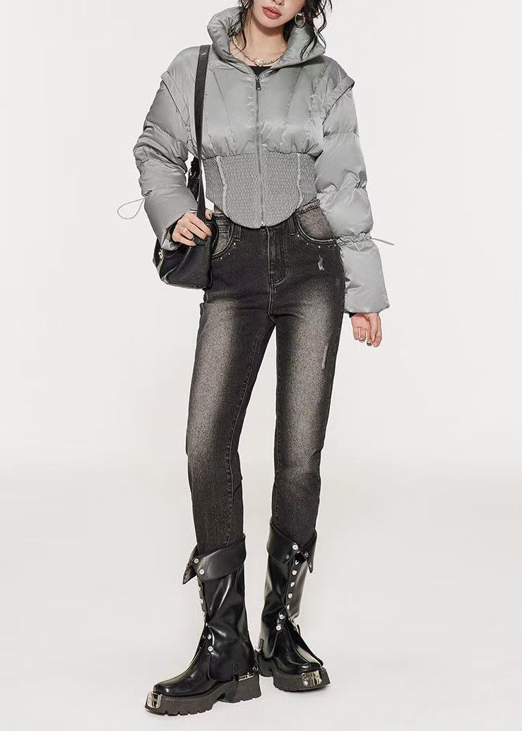 Stylish Silvery Drawstring Duck Down Puffer Jacket Winter