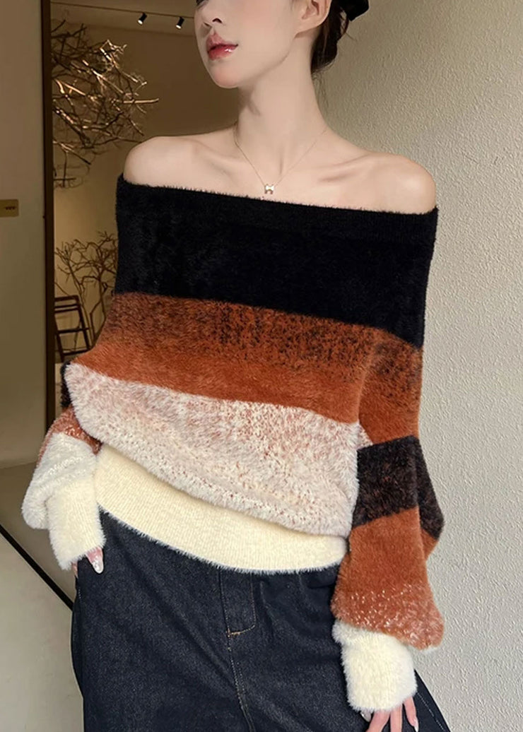 Stylish Slash Neck Striped Cozy Patchwork Knit Sweaters Winter