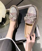 Stylish Splicing Gold Platform Flat Shoes Black Zircon Bow