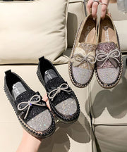Stylish Splicing Gold Platform Flat Shoes Black Zircon Bow