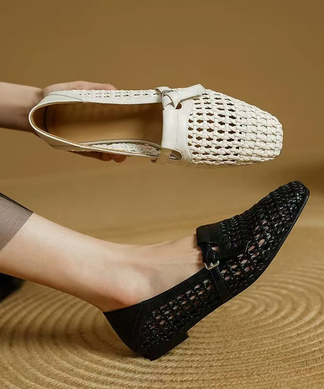 Stylish Splicing Loafers For Women Black Cowhide Leather Breathable