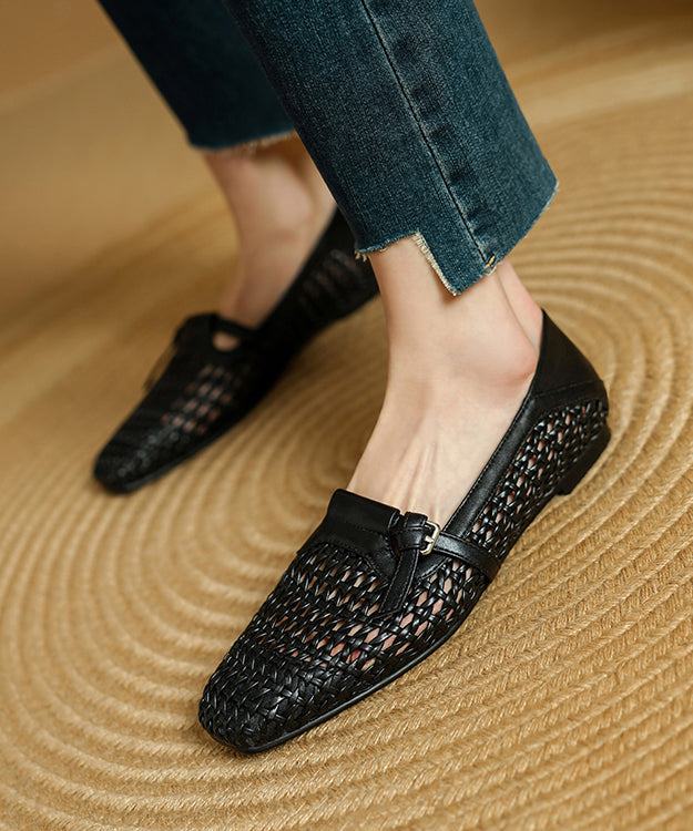 Stylish Splicing Loafers For Women Black Cowhide Leather Breathable