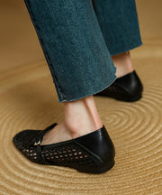 Stylish Splicing Loafers For Women Black Cowhide Leather Breathable