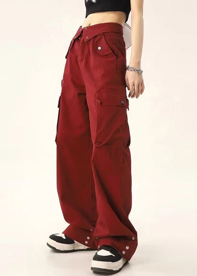 Stylish Streetwear Red Pockets High Waist Denim Pants Spring